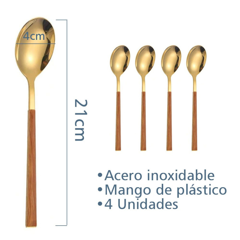 4 Cucharas De Acero Inoxidable Color Dorado Mango Plastico - Imagen 3