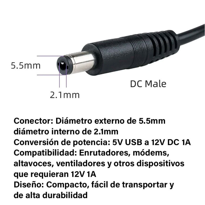 Cable USB BOOST 1A Pin Macho 5.5mm*2.1mm Conversor 5V A - Imagen 4