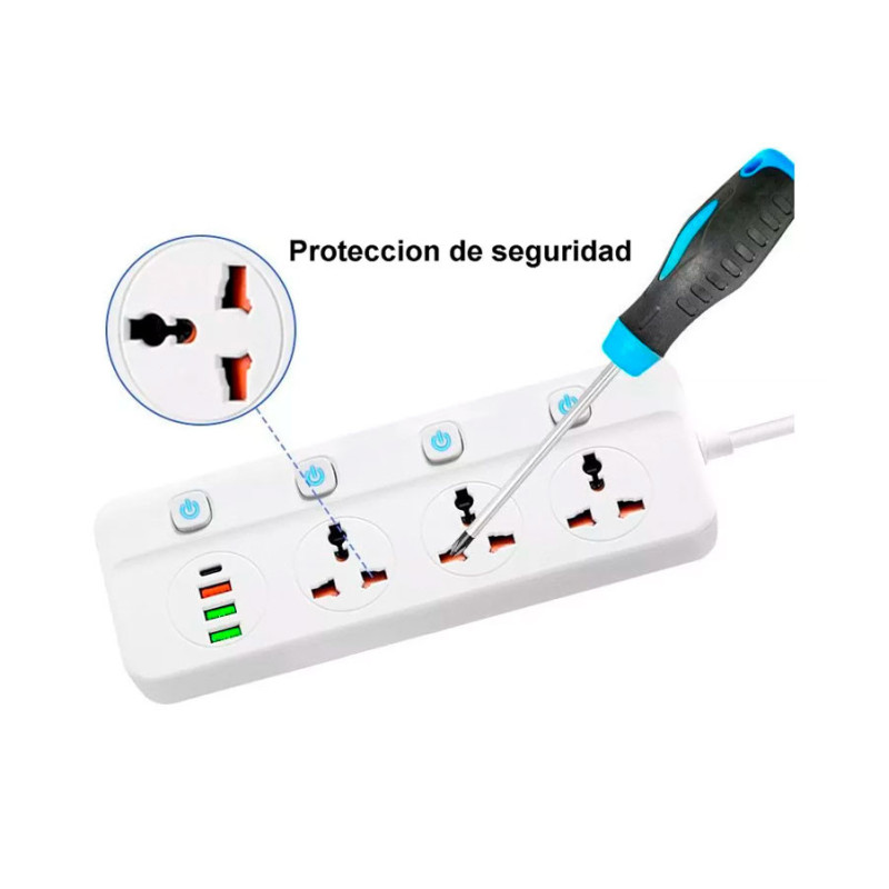 Zapatilla 3usb + 1 Usb C Carga Rapida 3 Tomas 2500w Inifuga Power - Imagen 3