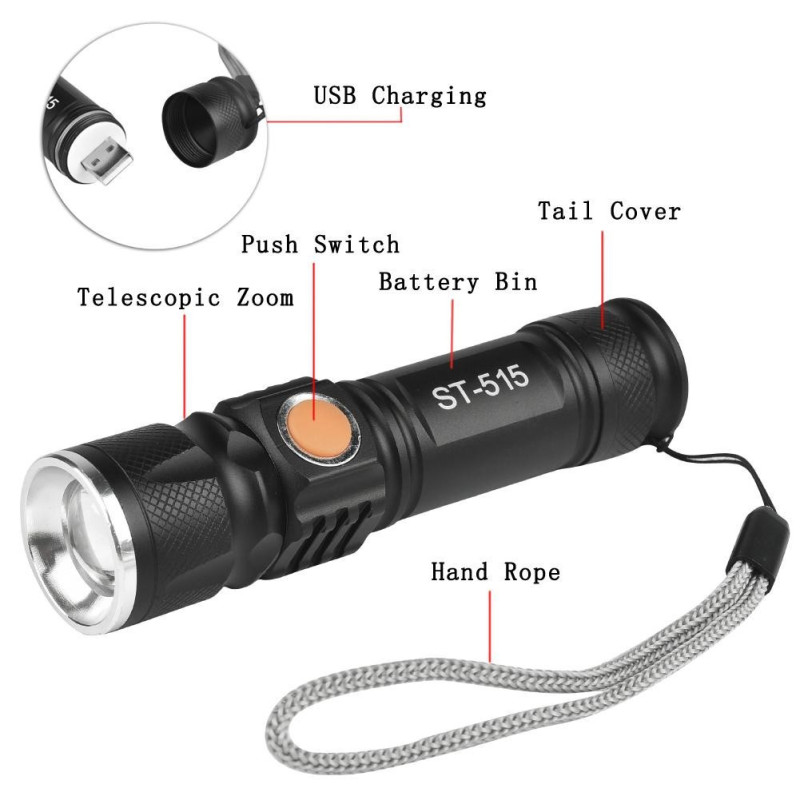 Linterna Metalica Tactica Led Recargable Por Usb Con - Imagen 2