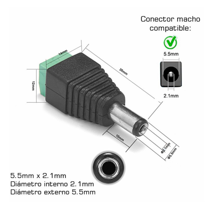 Ficha Plug Macho Jack 5.5 X 2.1mm Bornera Led Camaras - Imagen 3