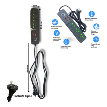 Alternative view of Zapatilla 220V Power Socket 3 Enchufes 3 Usb + Tipo C