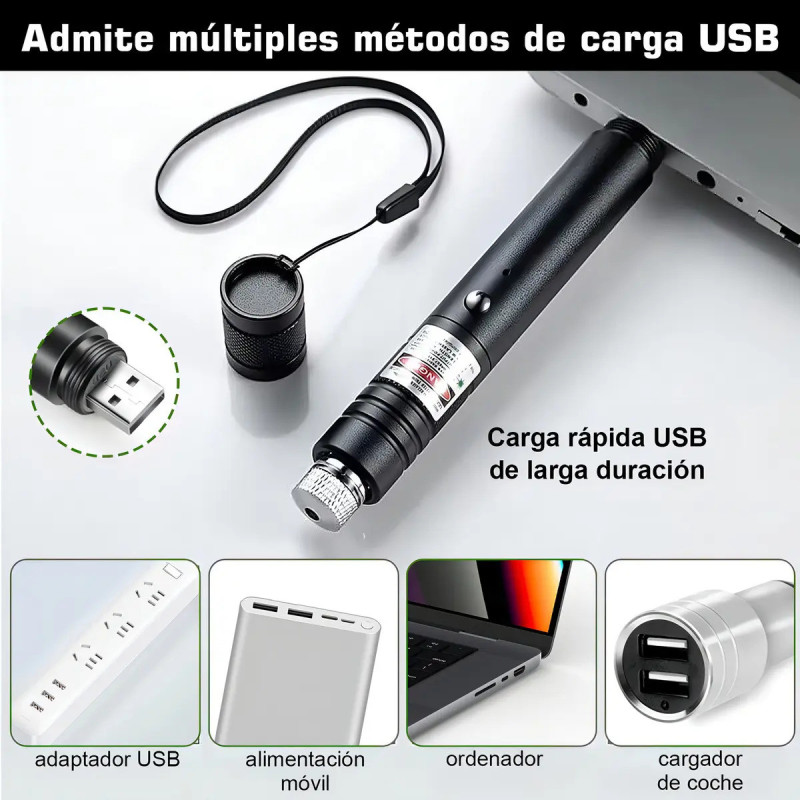 Puntero Laser Recgarble Por USB Luz Verde 5 Filtros - Imagen 5