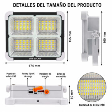 Reflector Solar LED Portátil Recargable USB 240 LEDs Camping Emergencia - Imagen 3