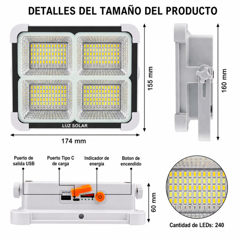Reflector Solar LED Portátil Recargable USB 240 LEDs Camping Emergencia - Imagen 3