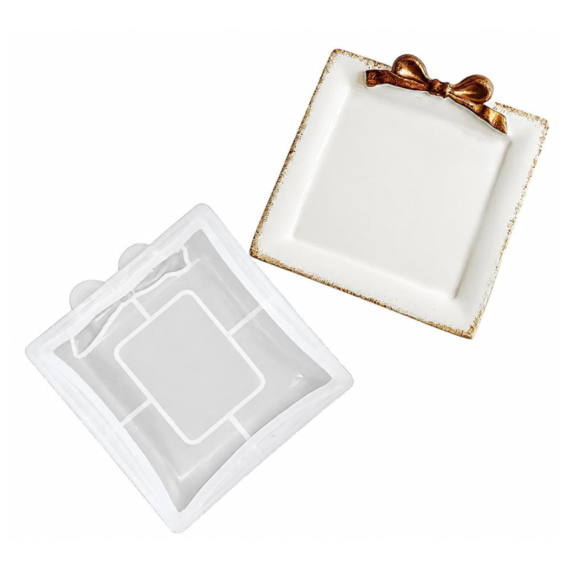 Molde De Silicona Mini Plato Cuadrado Con Moño Para Yeso Cemento Resina
